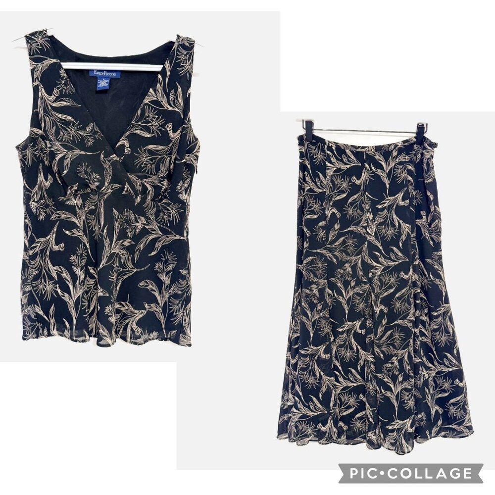 Evan-Picone Black Floral Sleeveless Top & Midi Skirt Set Womens Size 6